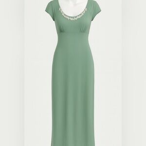 Elegant Green Maxi Dress with Embellished Neckline